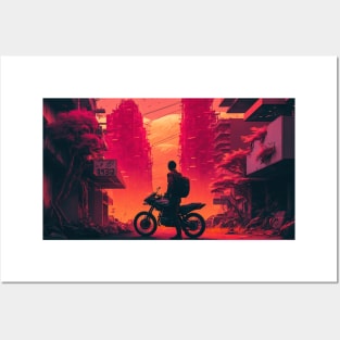 80s Synthwave Man On A Motorbike In Asian City Posters and Art
